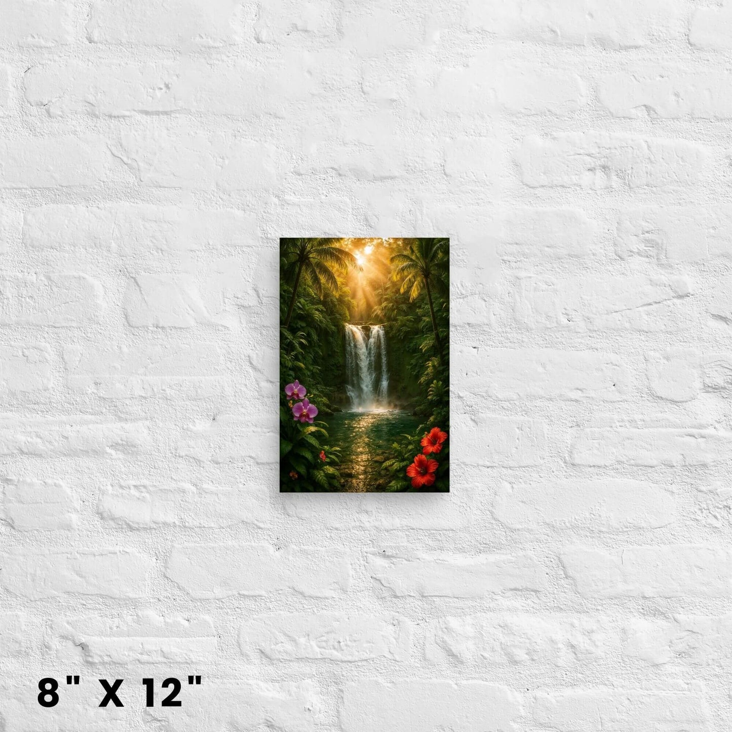 8 × 12-inch mini rainforest waterfall canvas accent with orchids, hibiscus, and lush greenery against a white-brick backdrop.