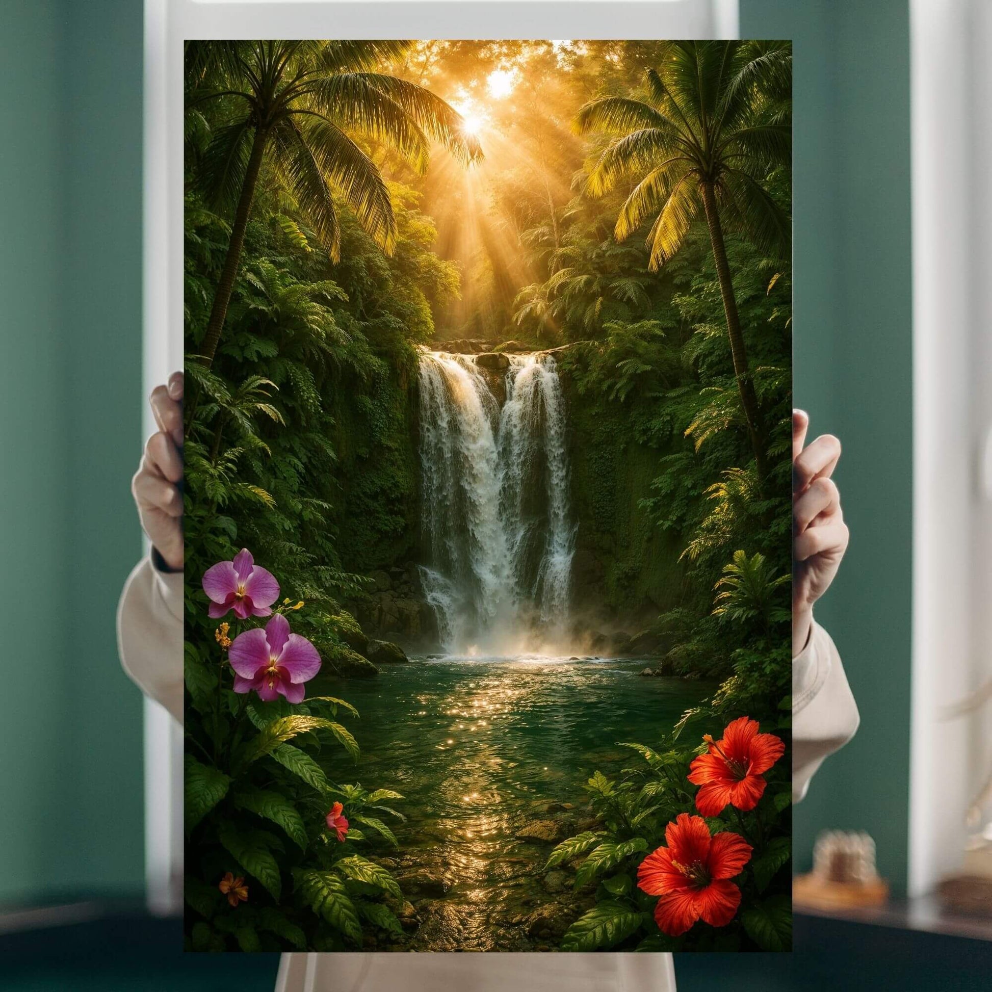 Person holding a vivid tropical waterfall jungle canvas print to demonstrate real-life scale, detail, and vibrant color depth.