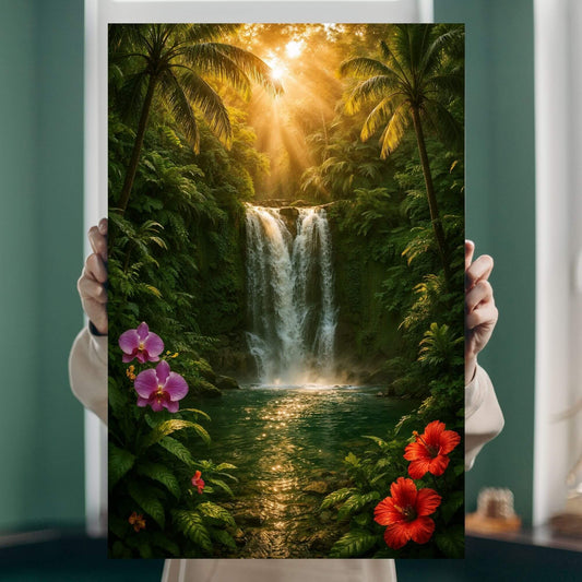 Person holding a vivid tropical waterfall jungle canvas print to demonstrate real-life scale, detail, and vibrant color depth.