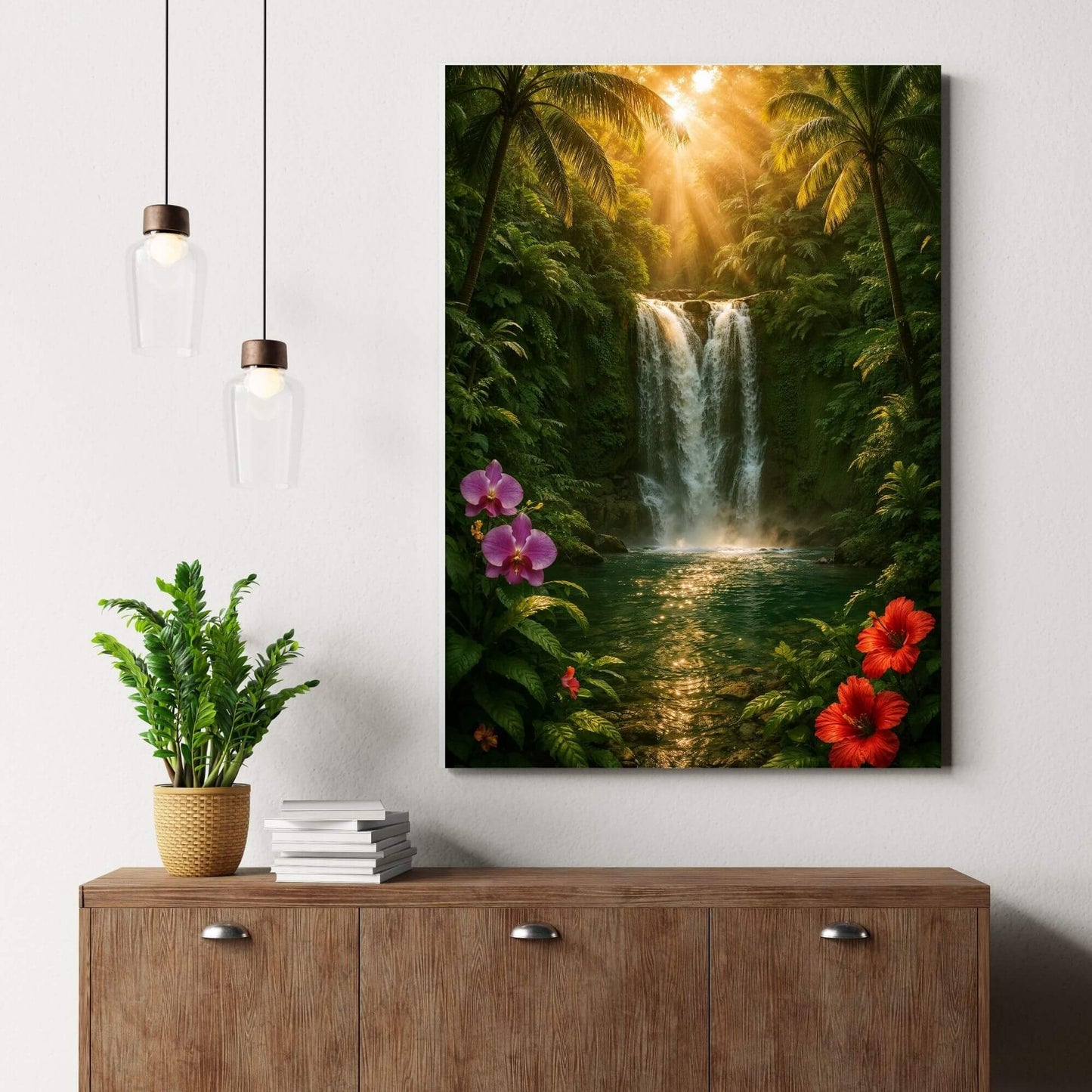 Tropical waterfall canvas wall art bringing lively rainforest energy above a modern wood sideboard with pendant lights and greenery.