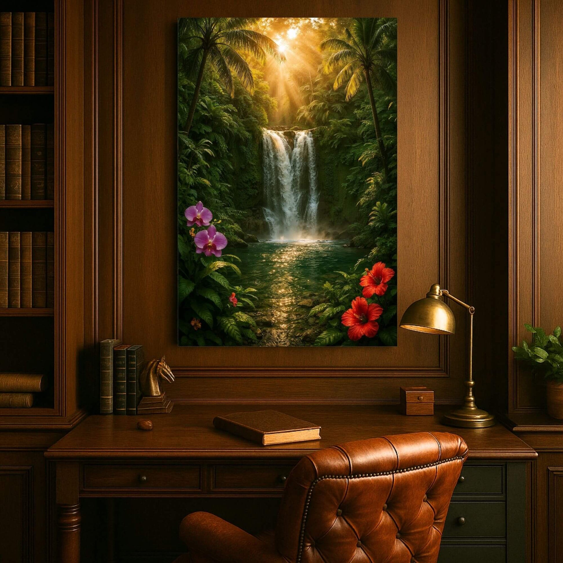 Large sun-drenched tropical waterfall canvas print with orchids and hibiscus flowers, adding lush rainforest vibes to a classic wood-paneled study above a vintage leather desk.