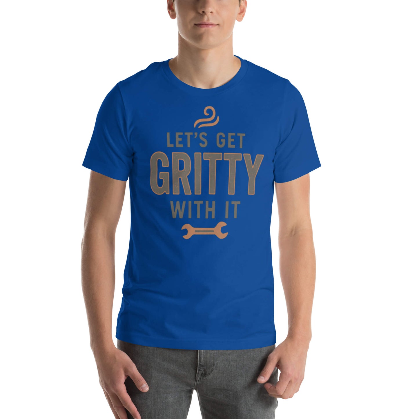 Young man with LETS GET GRITTY WITH IT unisex t-shirt in True Royal - front view.