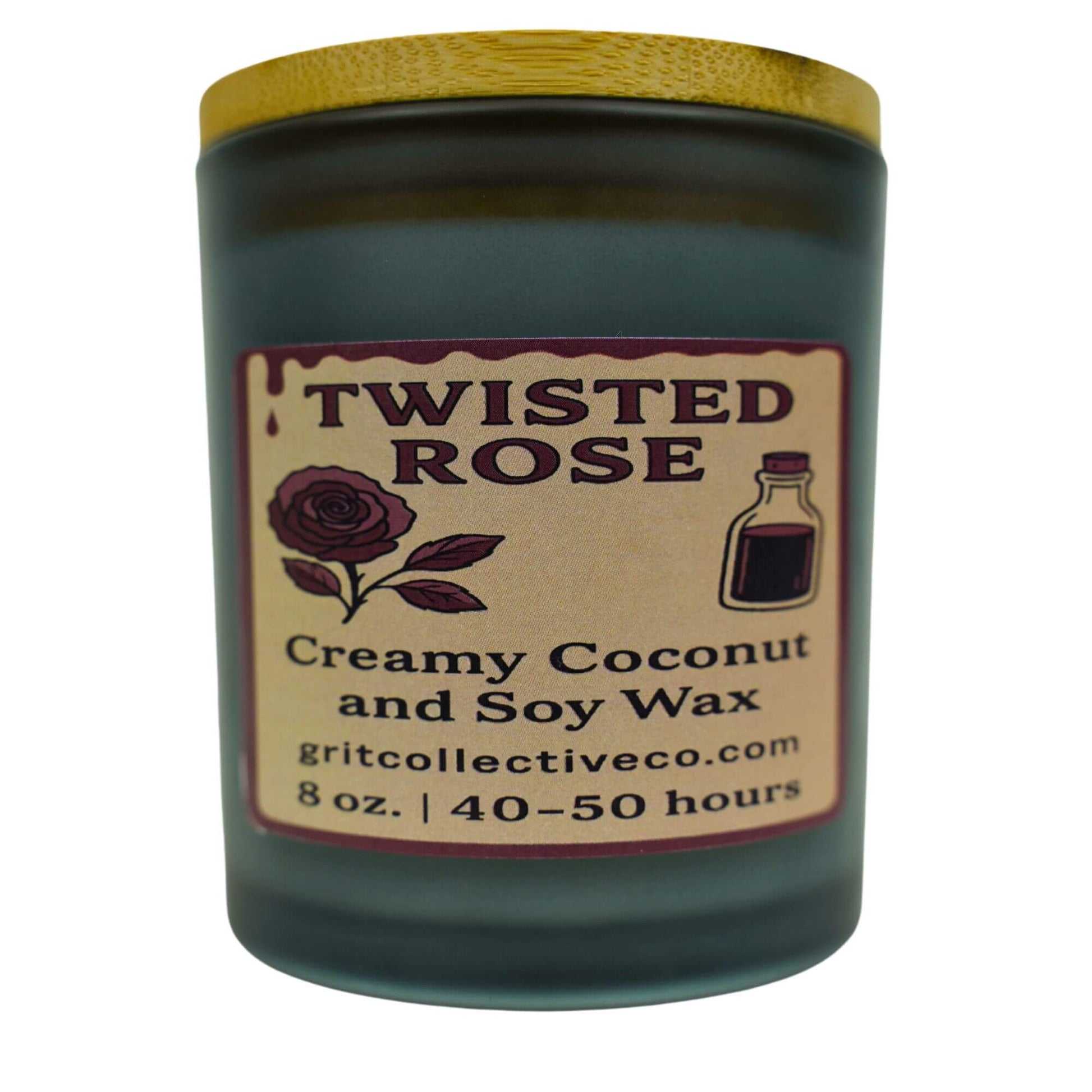 Twisted Rose" creamy coconut and soy wax candle by Grit Collective Co. with a dark rose and potion bottle design and wooden lid.