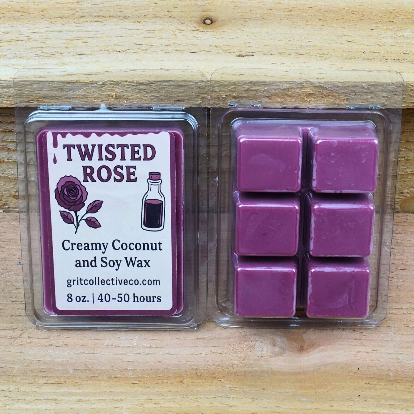 Twisted Rose scented creamy coconut and soy wax melts, 8 oz package.