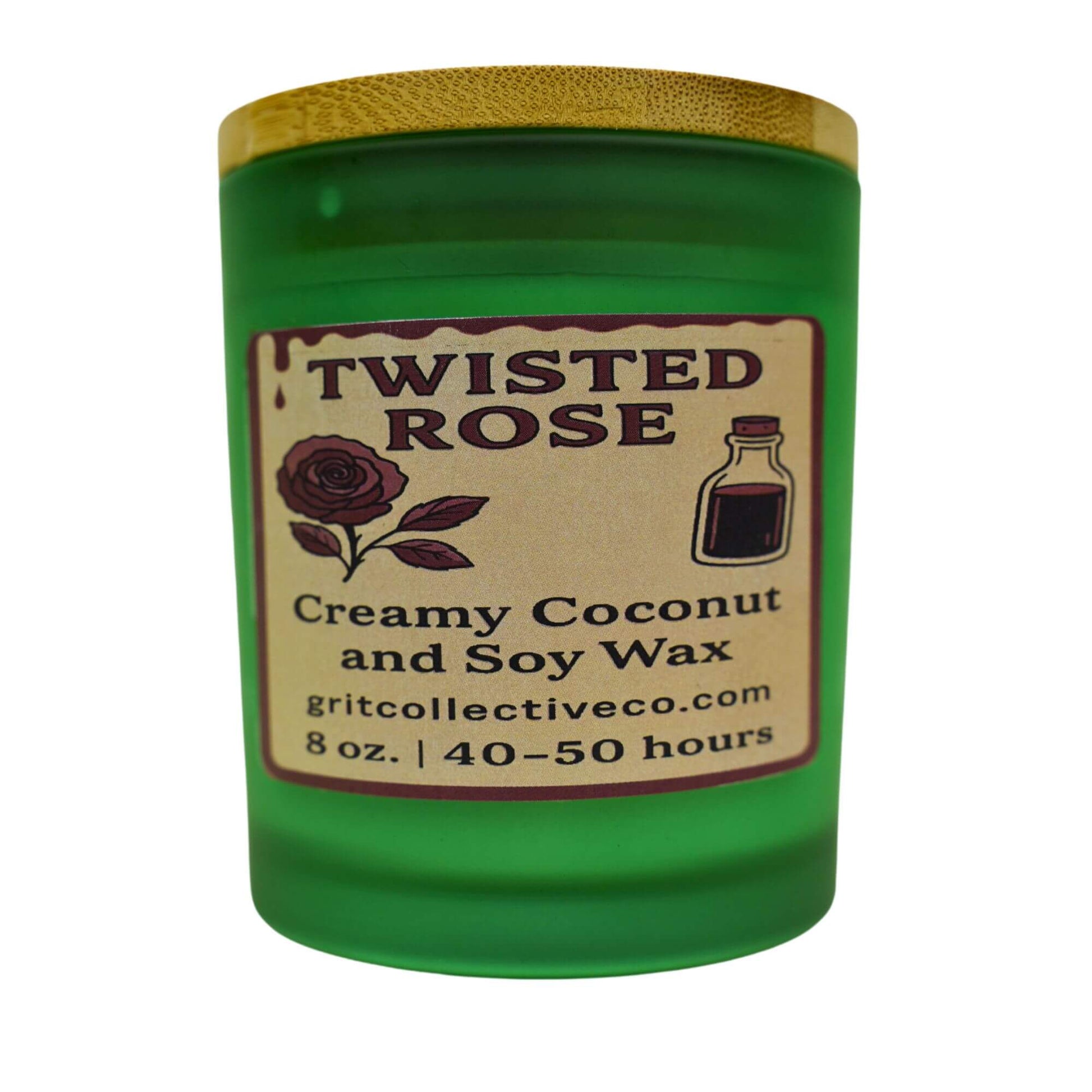 Twisted Rose" creamy coconut and soy wax candle by Grit Collective Co. in a green glass jar with a rose and potion bottle label and bamboo lid.