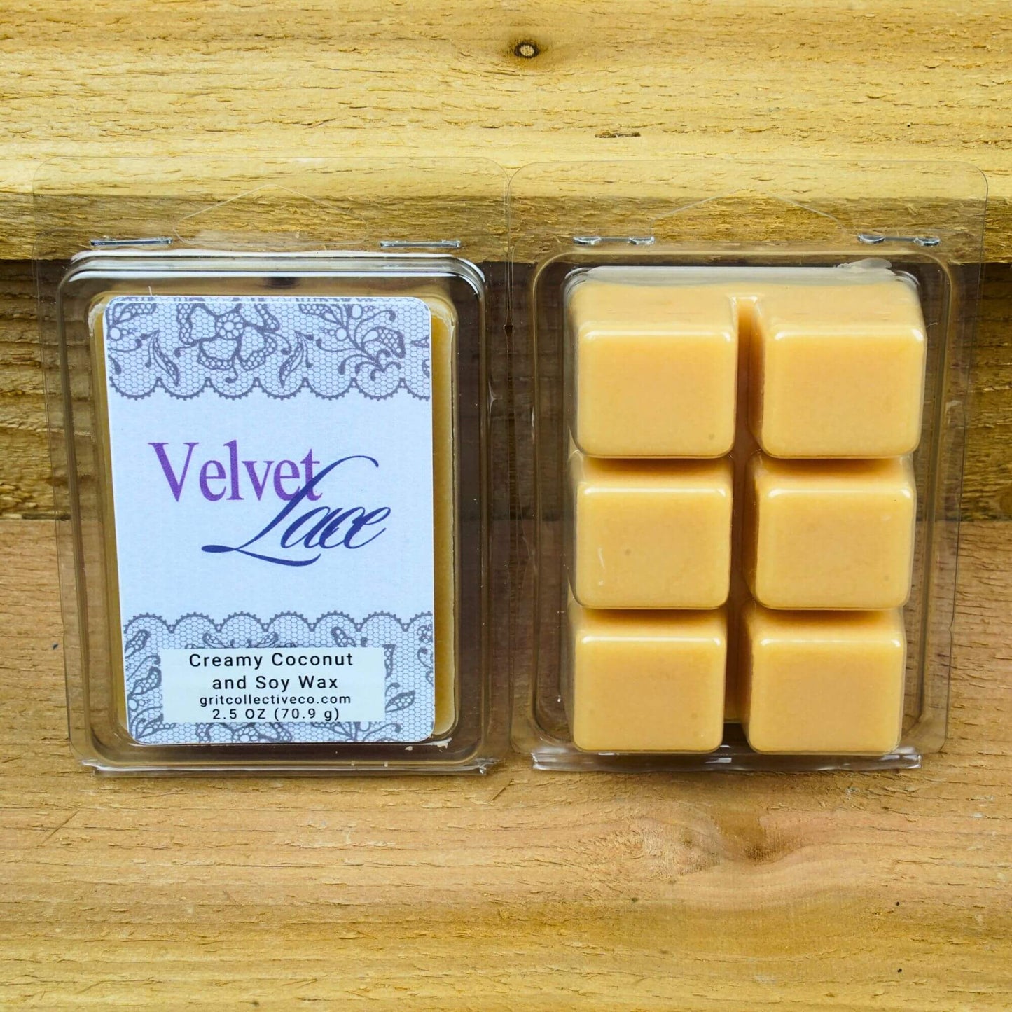 Velvet Lace scented creamy coconut and soy wax melts, 2.5 oz package.