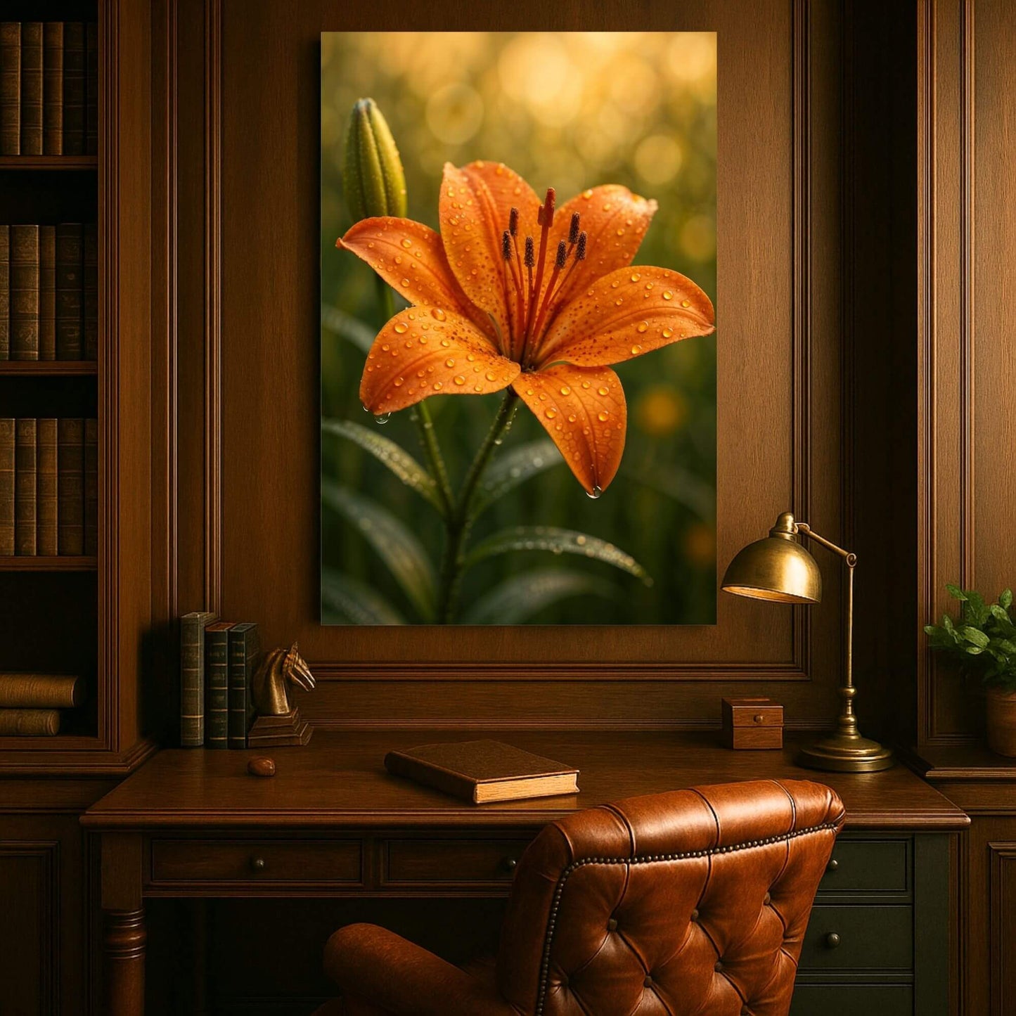 Vibrant canvas print of a detailed orange lily with water droplets, displayed on a wood-paneled wall
above a desk in an office setting.