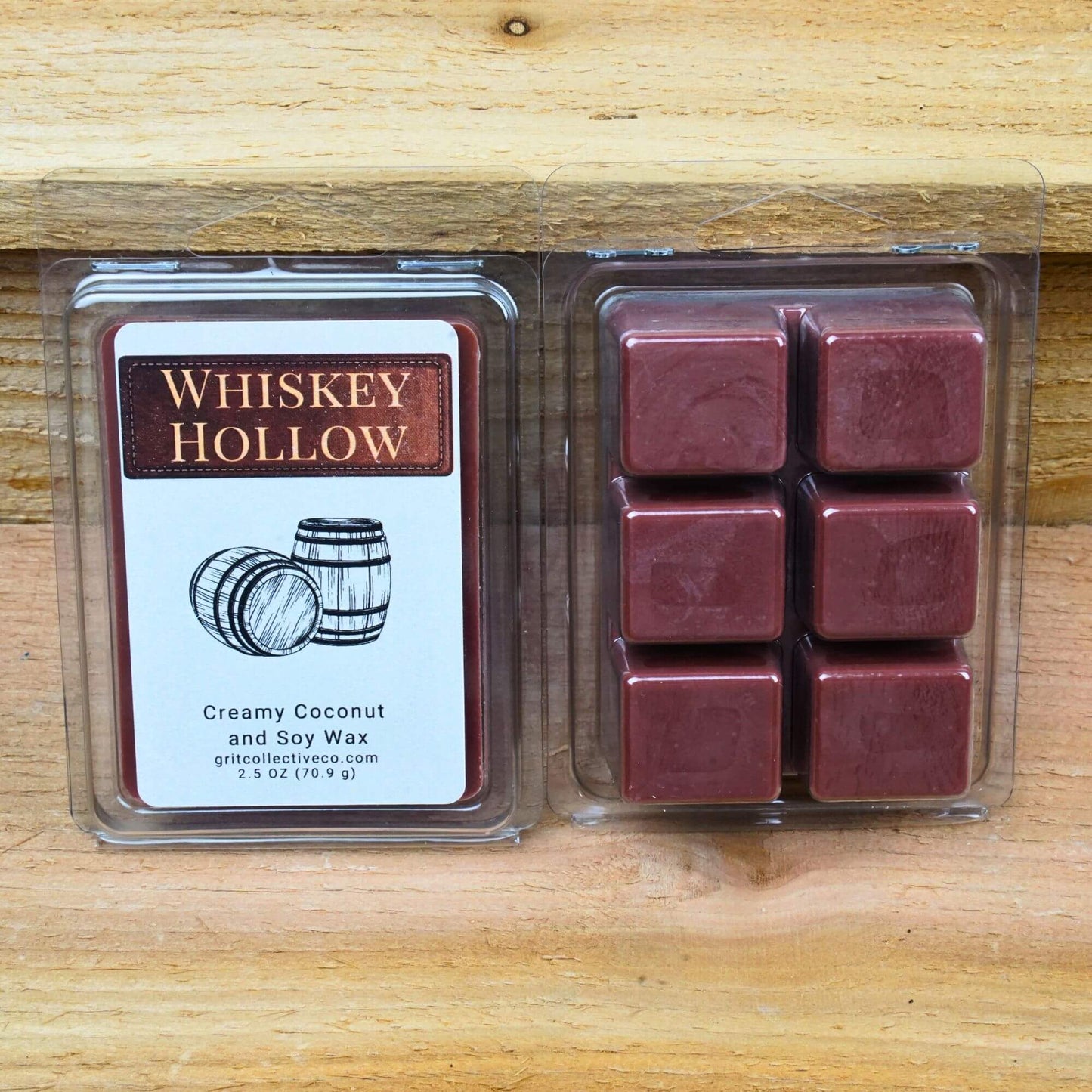 Whiskey Hollow scented creamy coconut and soy wax melts, 2.5 oz package with barrel graphic.