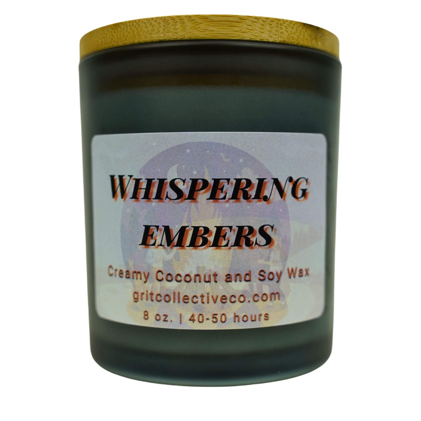 Whispering Embers" creamy coconut and soy wax candle by Grit Collective Co. featuring a dark, ethereal design and wooden lid.