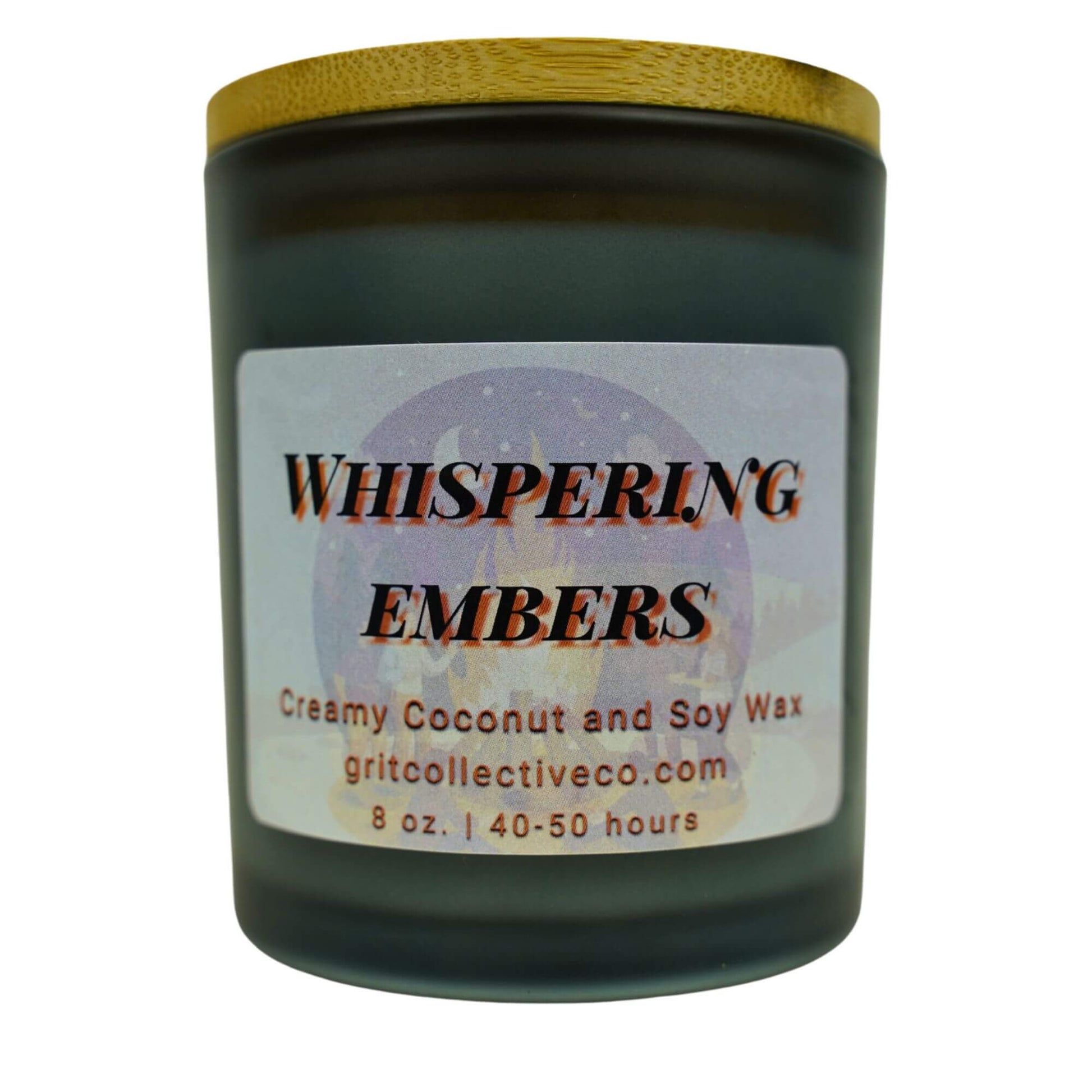 Whispering Embers" creamy coconut and soy wax candle by Grit Collective Co. featuring a dark, ethereal design and wooden lid.