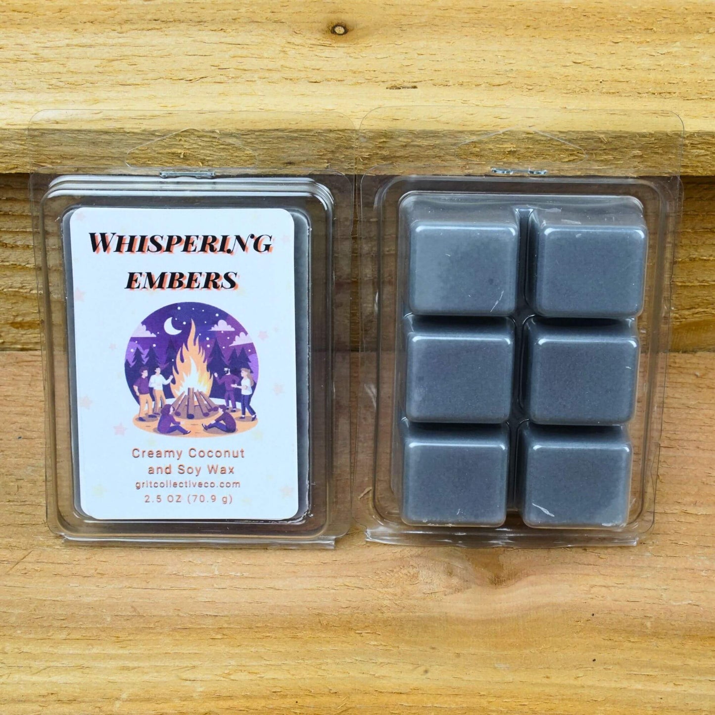 Whispering Embers scented creamy coconut and soy wax melts, 2.5 oz package with campfire graphic.