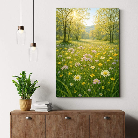 Canvas print of a bright wildflower field scene, placed on a wooden dresser next to a potted
plant and books, suitable for nature-themed decor.
