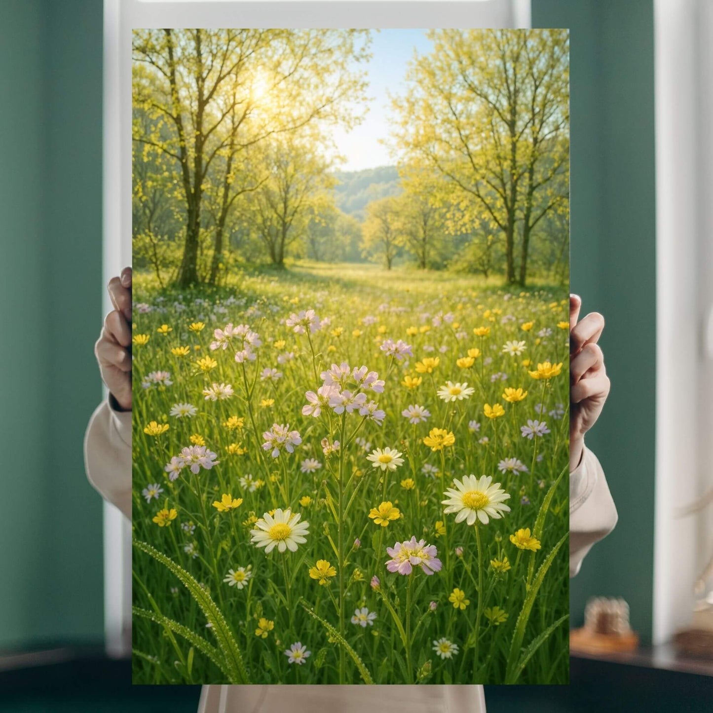 Person holding a canvas print of a sunny wildflower field landscape with daisies and other
flowers.