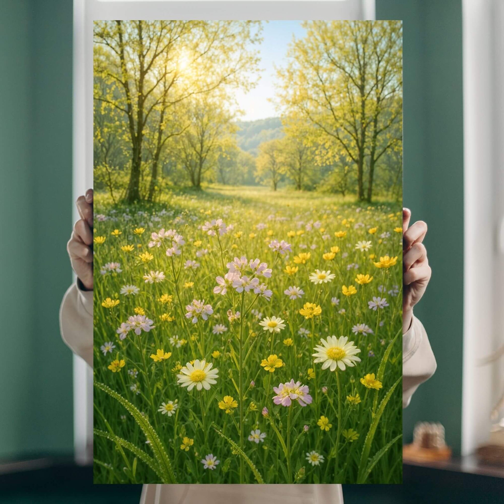 Person holding a canvas print of a sunny wildflower field landscape with daisies and other
flowers.
