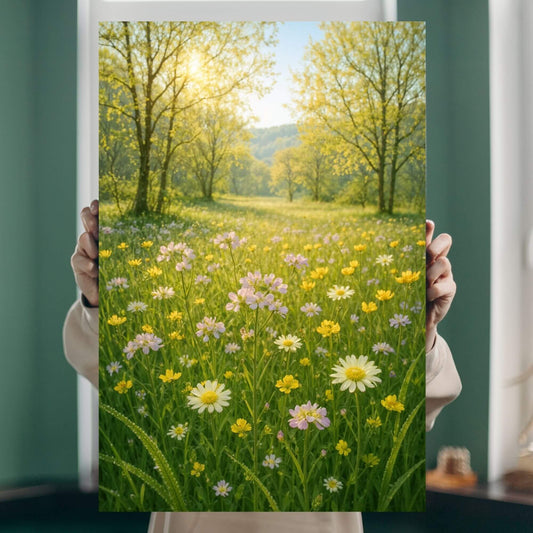 Person holding a canvas print of a sunny wildflower field landscape with daisies and other
flowers.