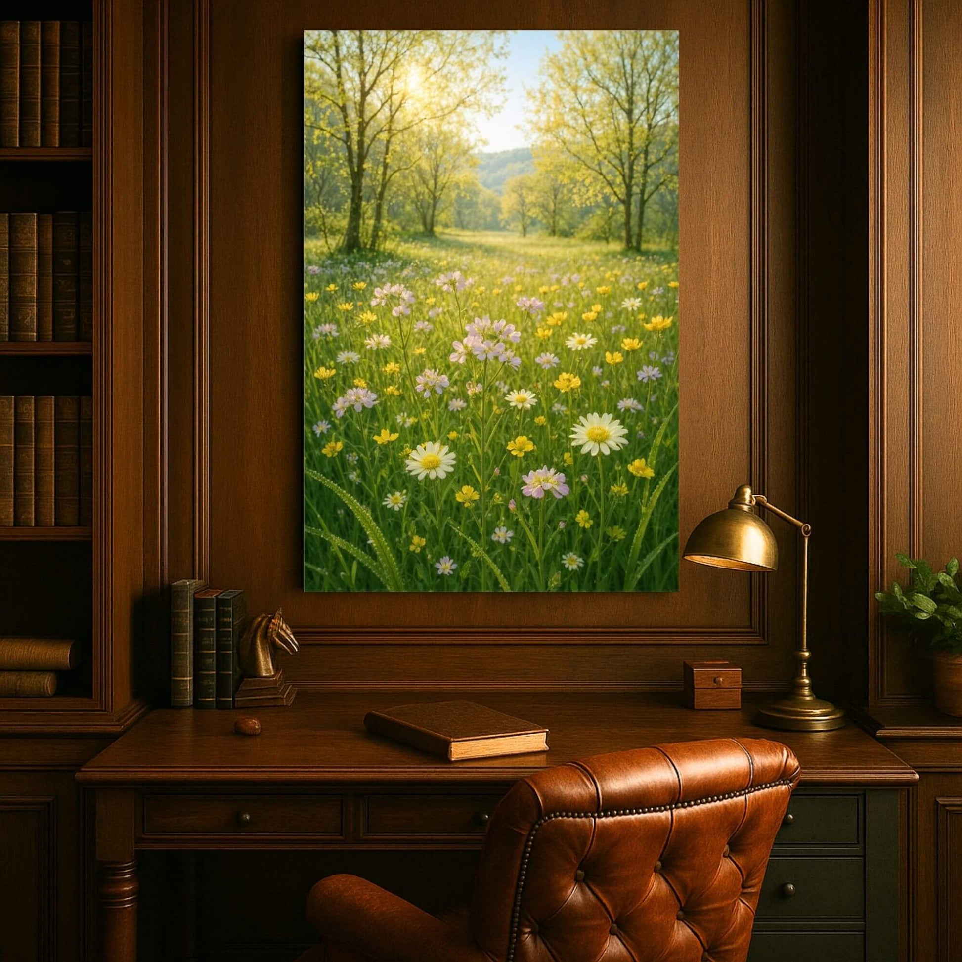 Canvas print of a vibrant wildflower field with daisies and other colorful flowers under a
sunny sky, displayed in a wood-paneled office or study space.