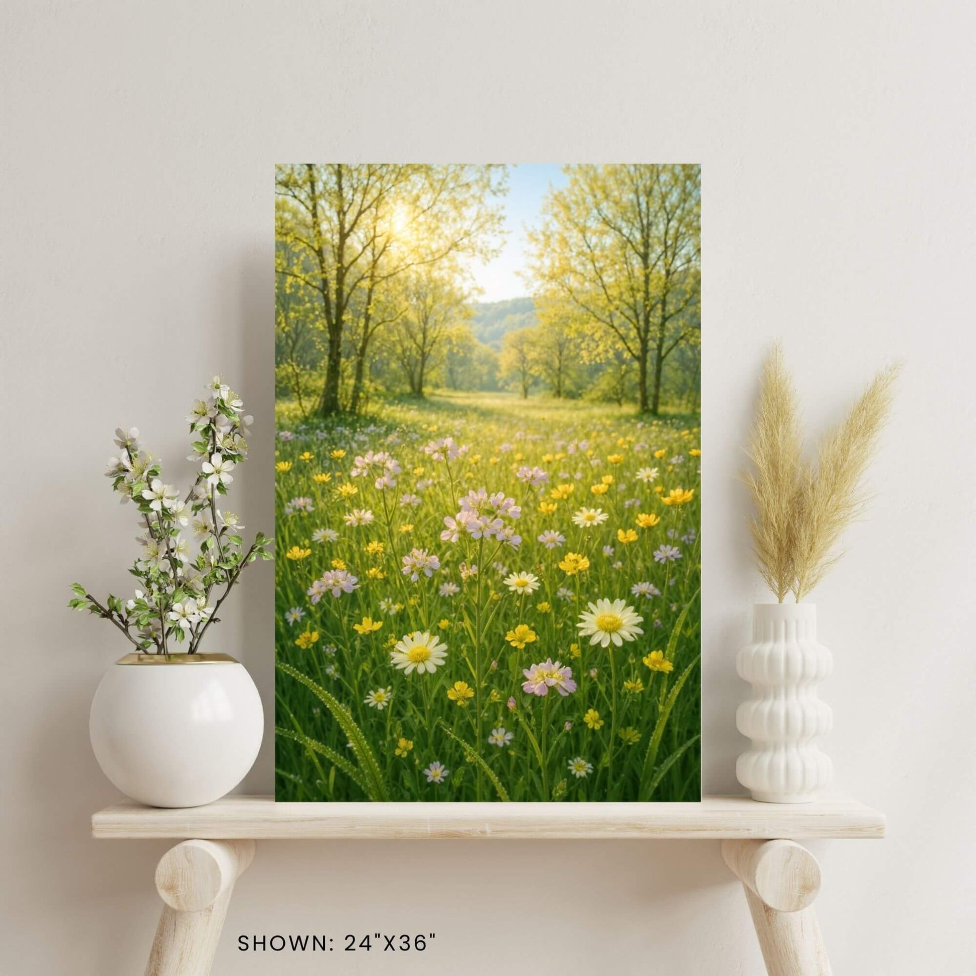 24"x36" canvas print featuring a sunny wildflower field landscape with trees in the
background, shown on a decorative shelf.