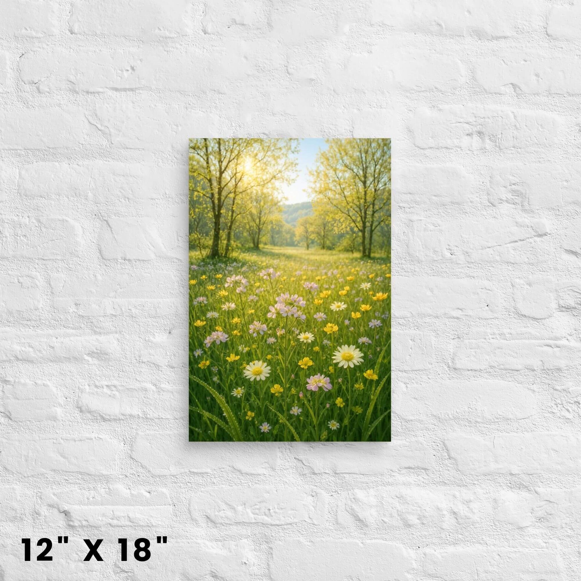 12"x18" canvas print of a sunny wildflower field with colorful blooms and trees in the
distance, mounted on a white brick wall.