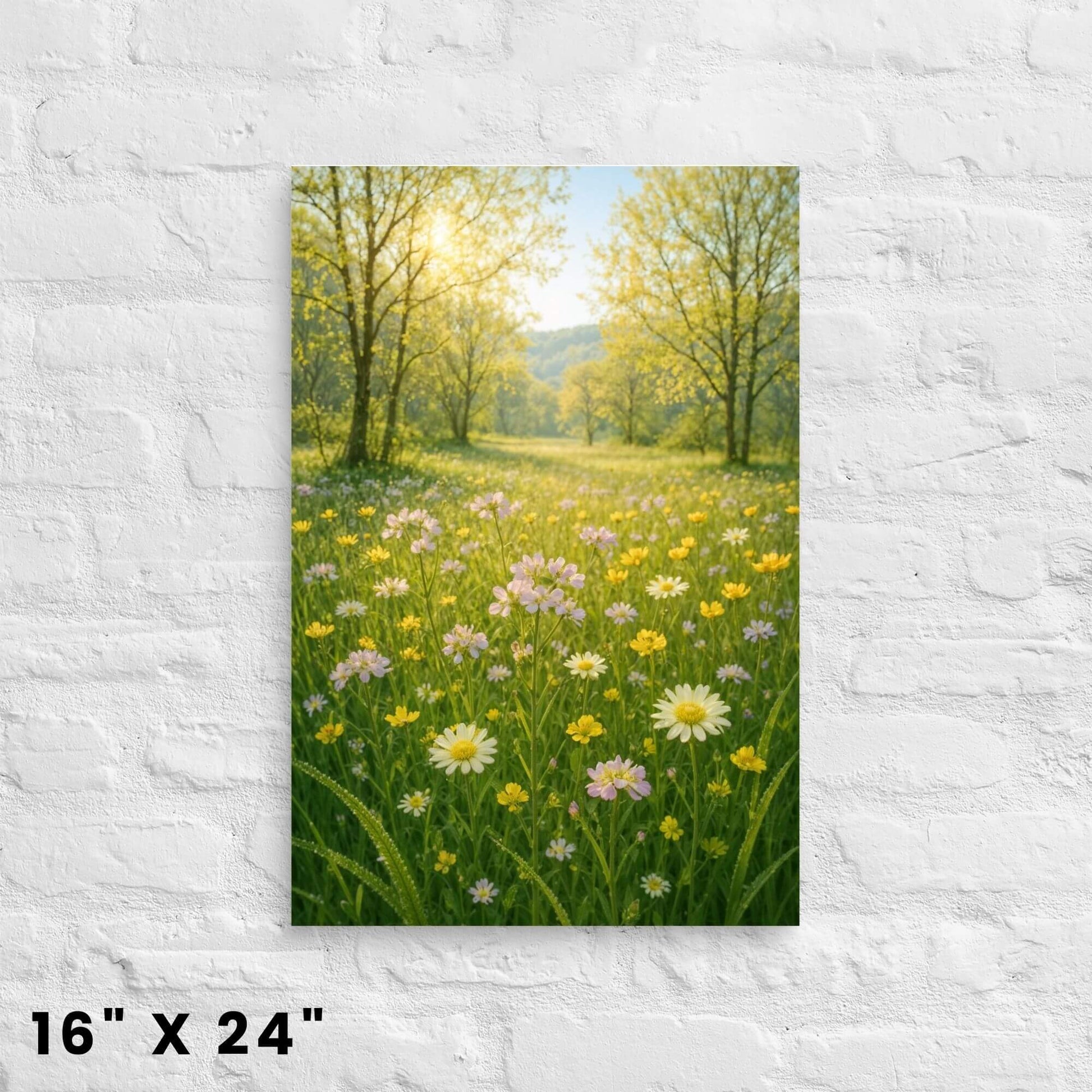16"x24" canvas print featuring a vibrant wildflower meadow with sunlight filtering through
trees, displayed on a white brick wall.