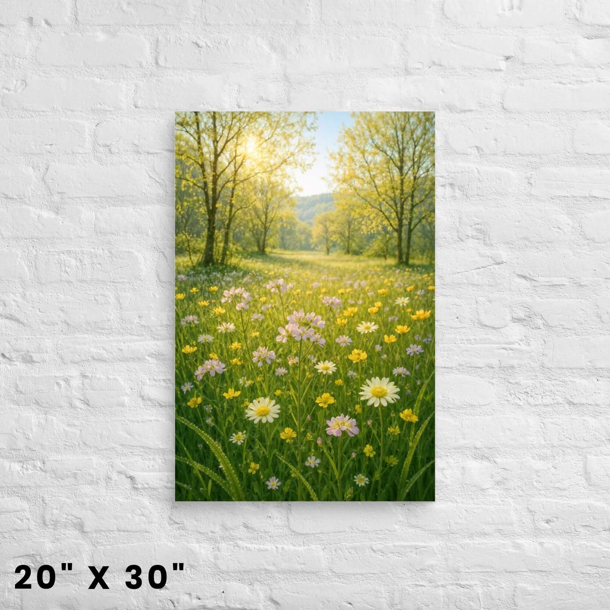 20"x30" canvas print of a beautiful and sunny wildflower field landscape, hanging on a
white brick wall.