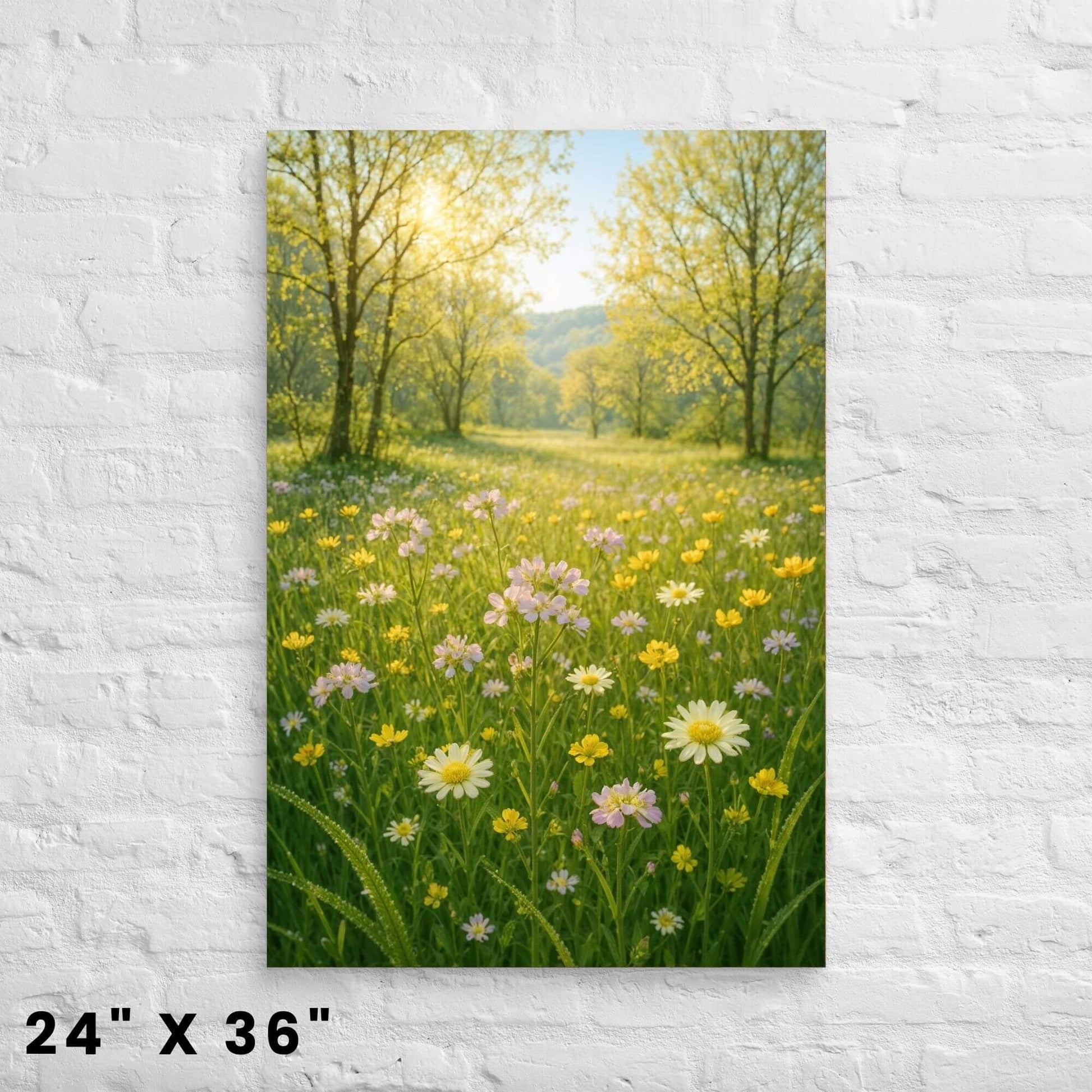 24"x36" canvas print depicting a bright wildflower meadow scene with daisies, mounted on
a white brick wall.