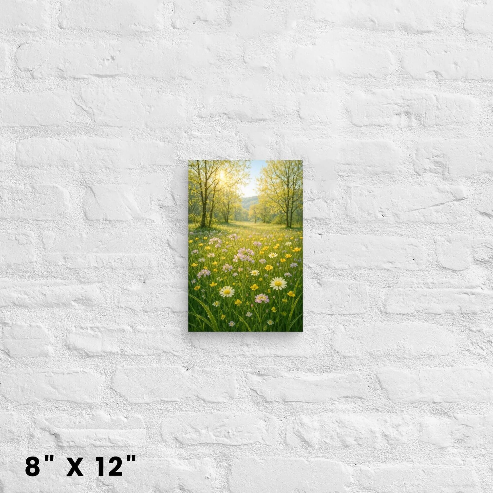 8"x12" canvas print showcasing a cheerful wildflower field scene under a bright sky,
hanging on a white brick wall.
