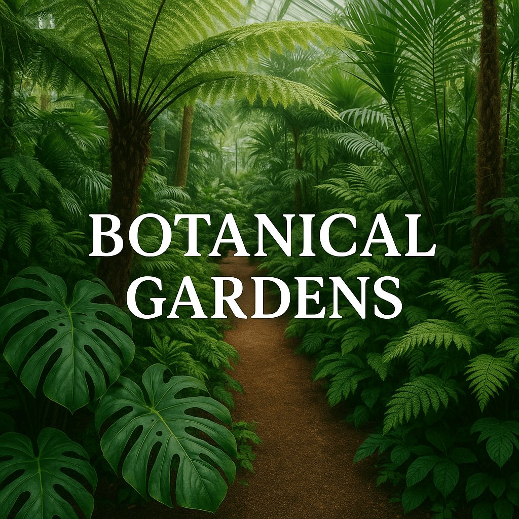 Image with text "BOTANICAL GARDENS" over a photo of a lush tropical pathway in a botanical garden with palm trees and large-leafed plants.