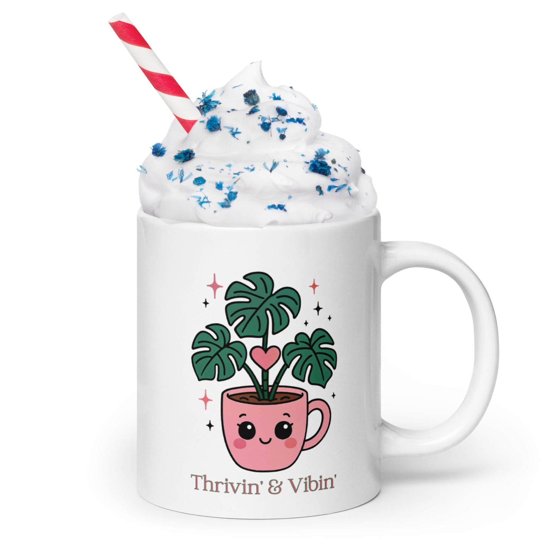 Grit Collective Kawaii Thriving Plant Pal design printed on a 20oz white glossy ceramic coffee mug, featured in an ice cream themed scene.
