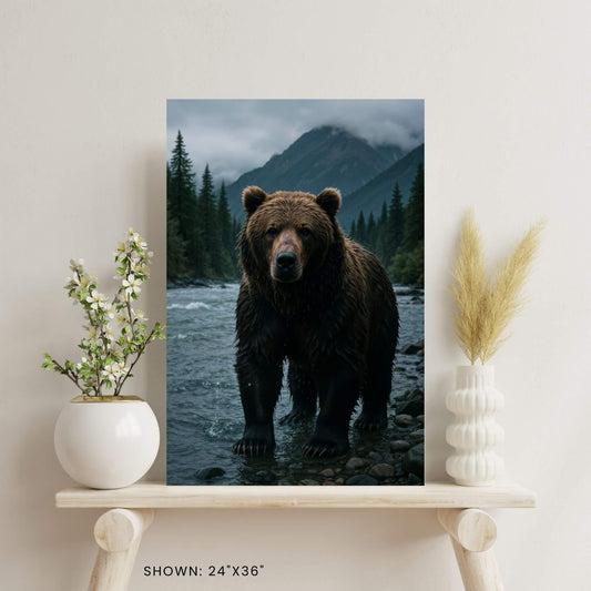 24 × 36-inch grizzly bear standing in a mountain river canvas print styled on a minimalist shelf with ceramic vase florals and pampas grass.