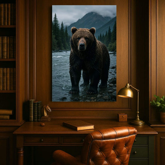 Large wilderness grizzly bear canvas art adding bold rustic character to a classic wood-paneled study above a vintage leather desk.
