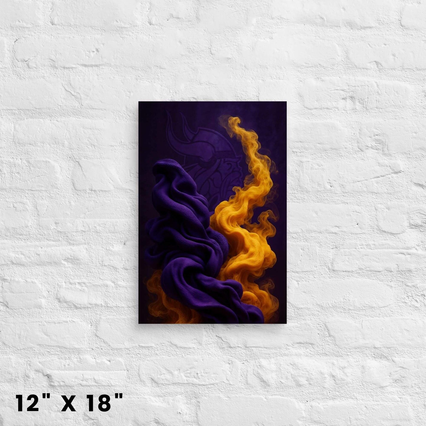 12"x18" abstract art canvas print in purple and gold, mounted on a white brick wall.