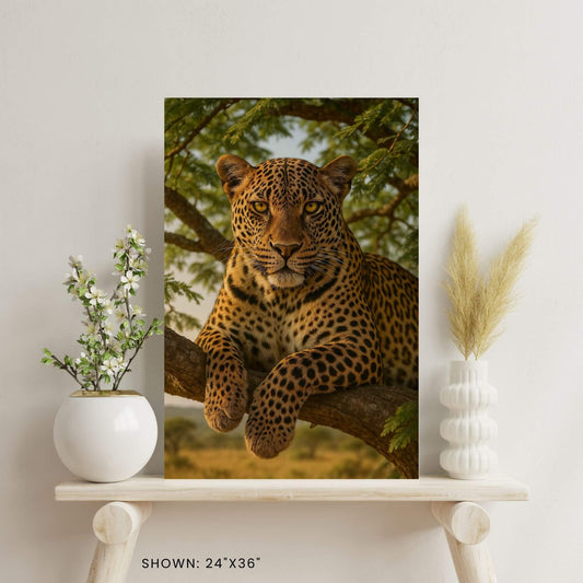24 × 36-inch African leopard lounging on an acacia branch canvas wall art styled on a minimalist shelf with vase florals and pampas grass.