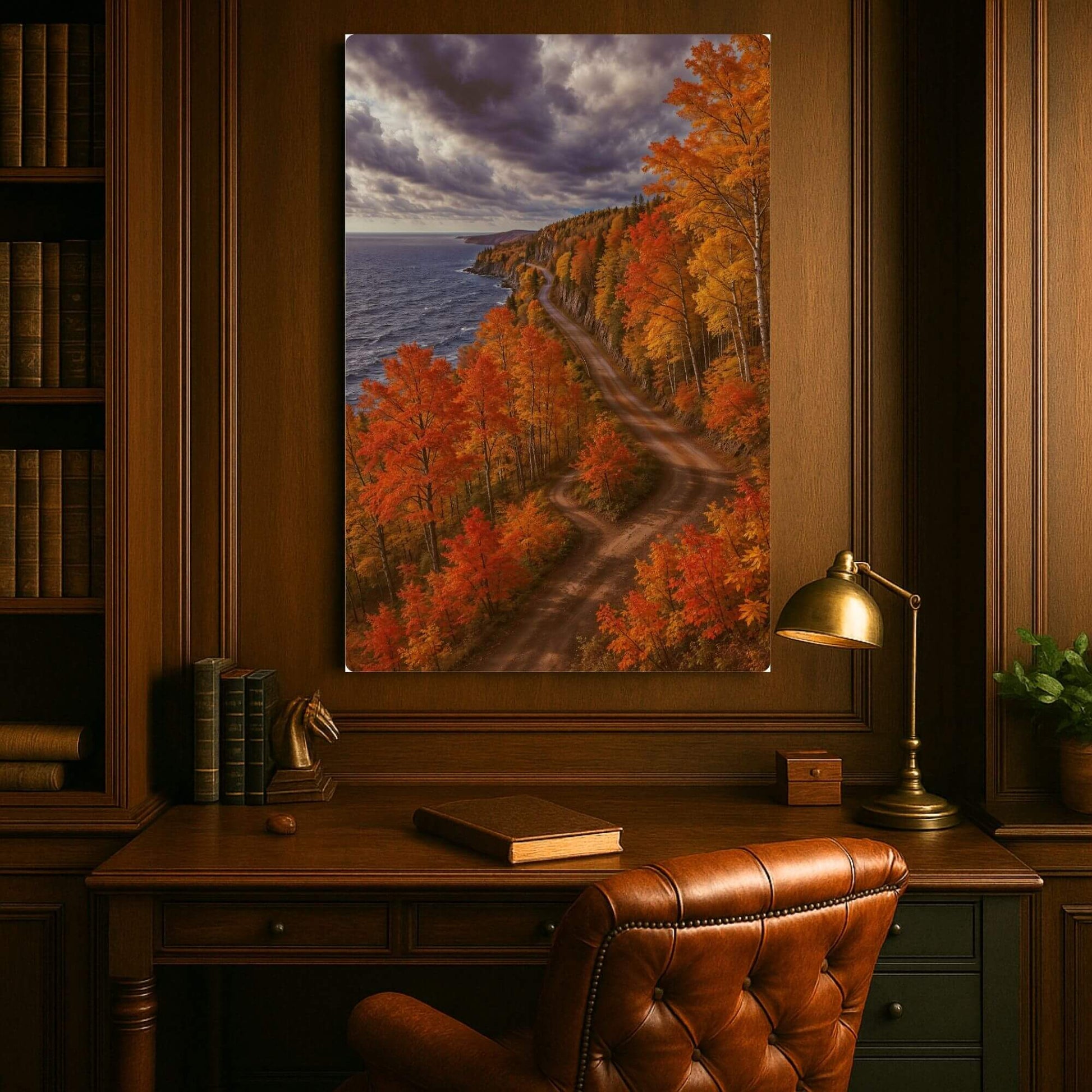 MN North Shore autumn landscape canvas print displayed above a wooden desk in an office or study, with a leather chair and lamp.