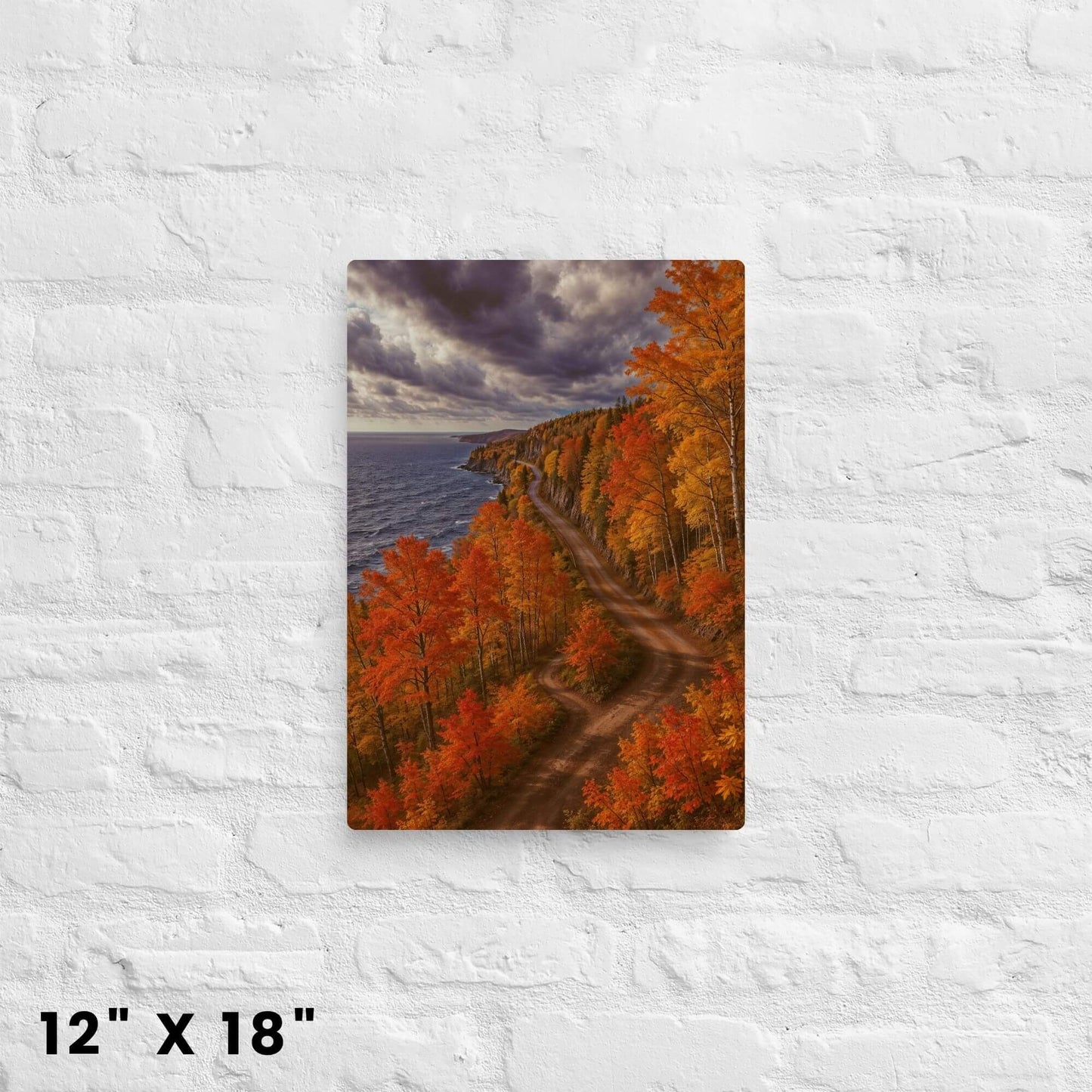 12x18 inch canvas print of a Minnesota North Shore autumn landscape with a scenic road and vibrant fall colors.