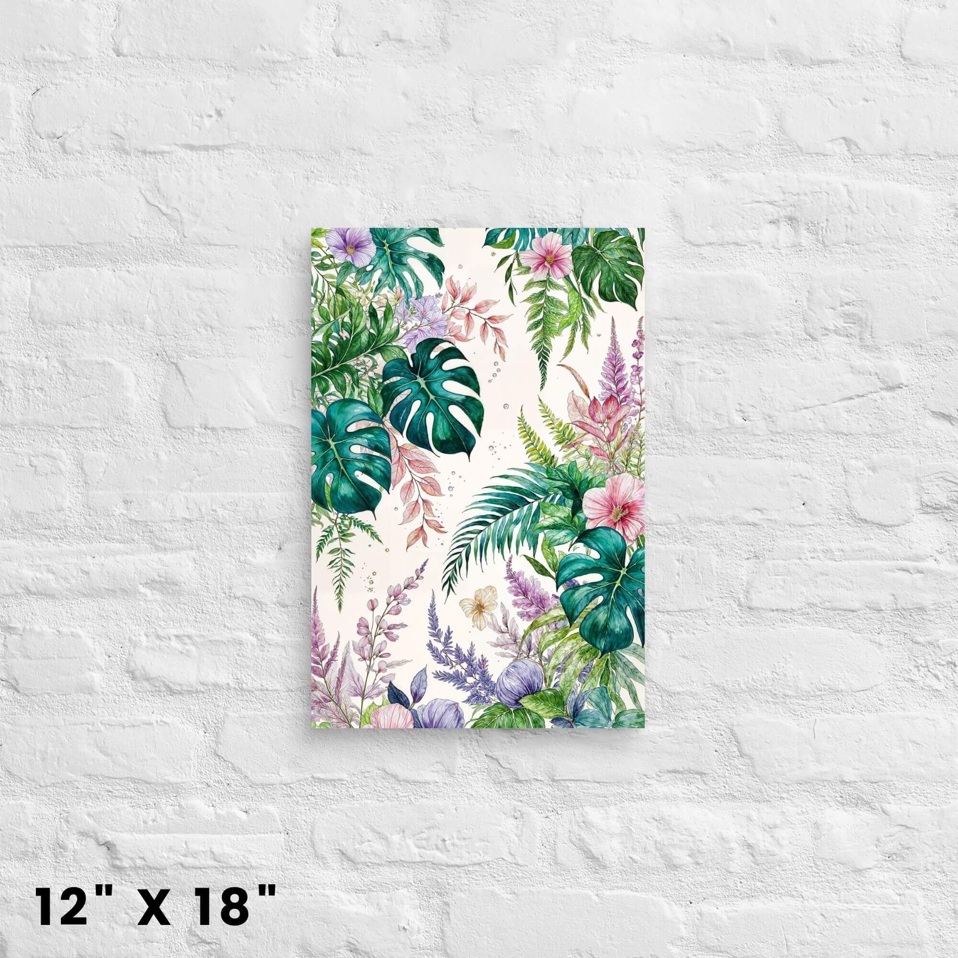 12"x18" canvas print of a tropical botanical watercolor illustration with green foliage and colorful flowers, mounted on a white brick wall.
