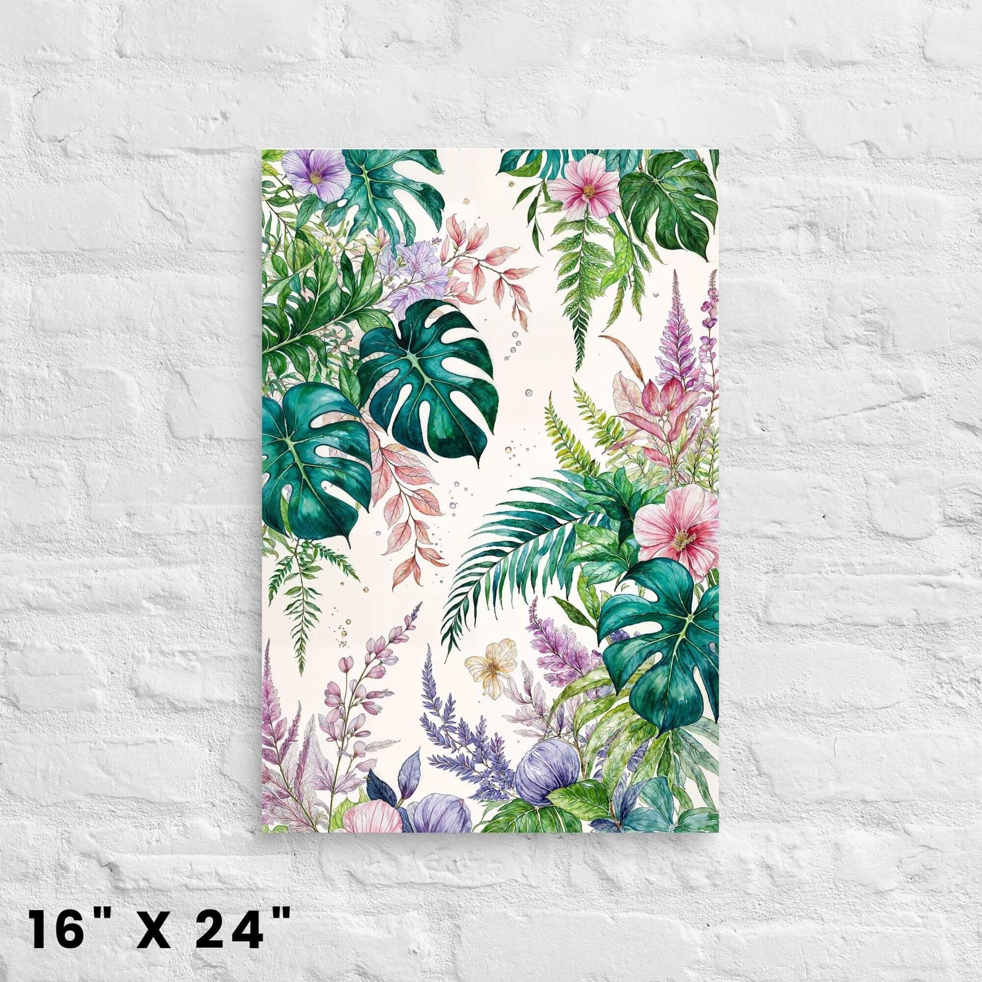 16"x24" canvas print featuring a vibrant tropical botanical watercolor with detailed leaves and blooms, displayed on a white brick wall.