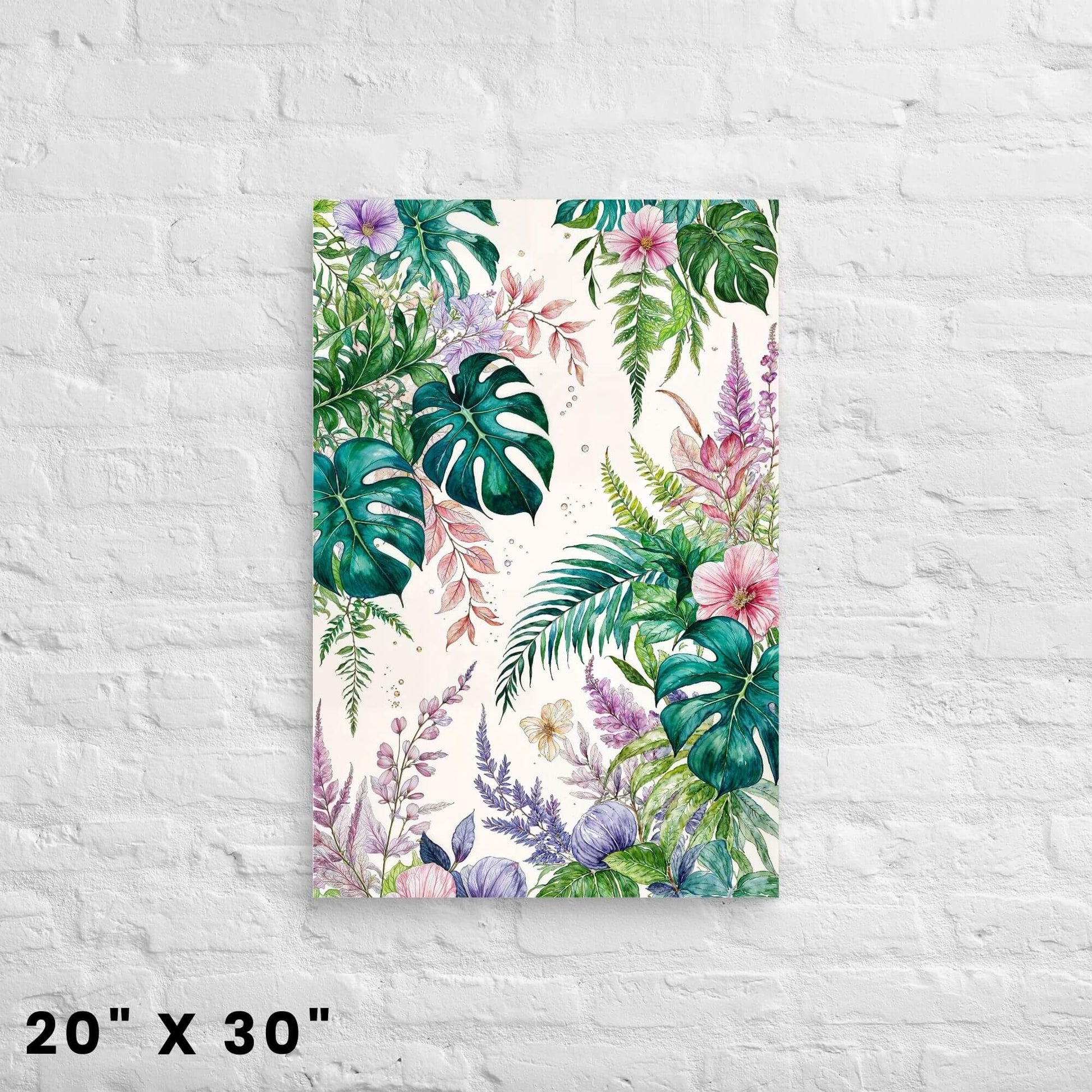 20"x30" canvas print of a tropical botanical watercolor illustration with various plants and flowers, hanging on a white brick wall.