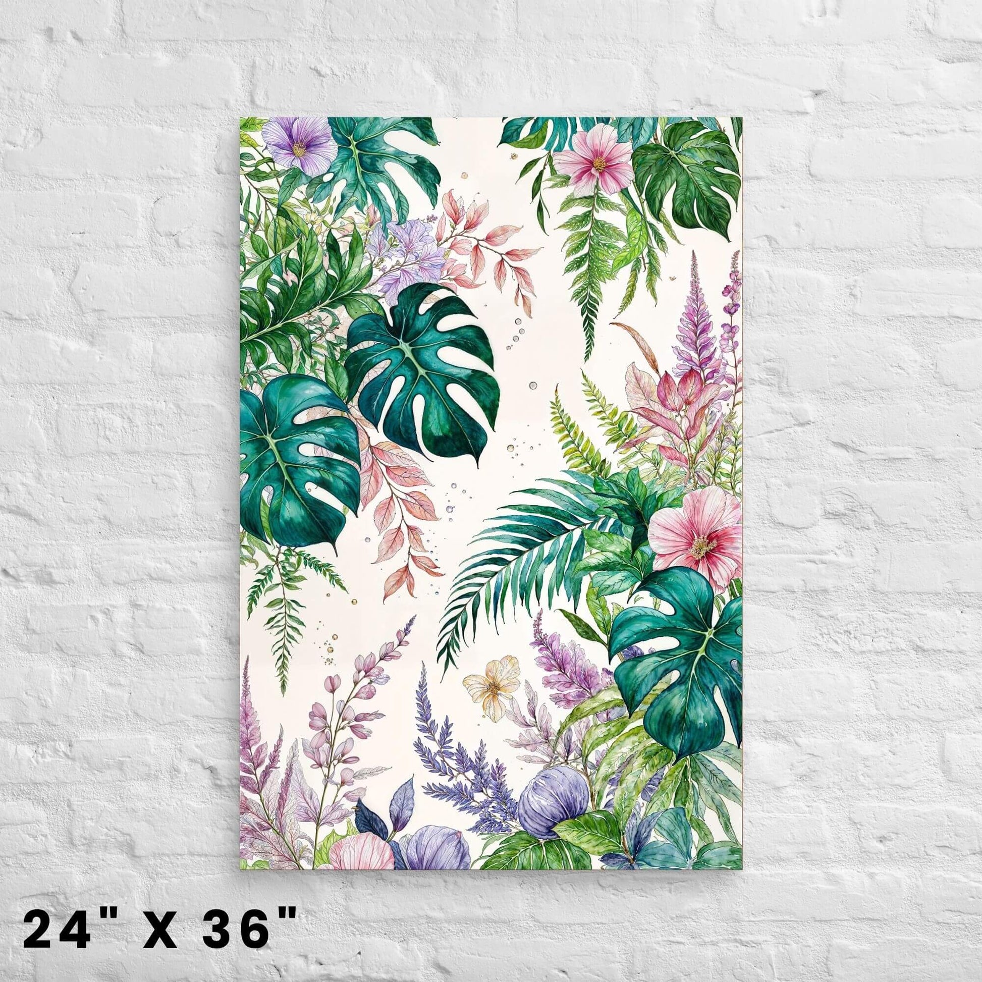 24"x36" canvas print depicting a tropical botanical watercolor with large green leaves and pink and purple flowers, mounted on a white brick wall.